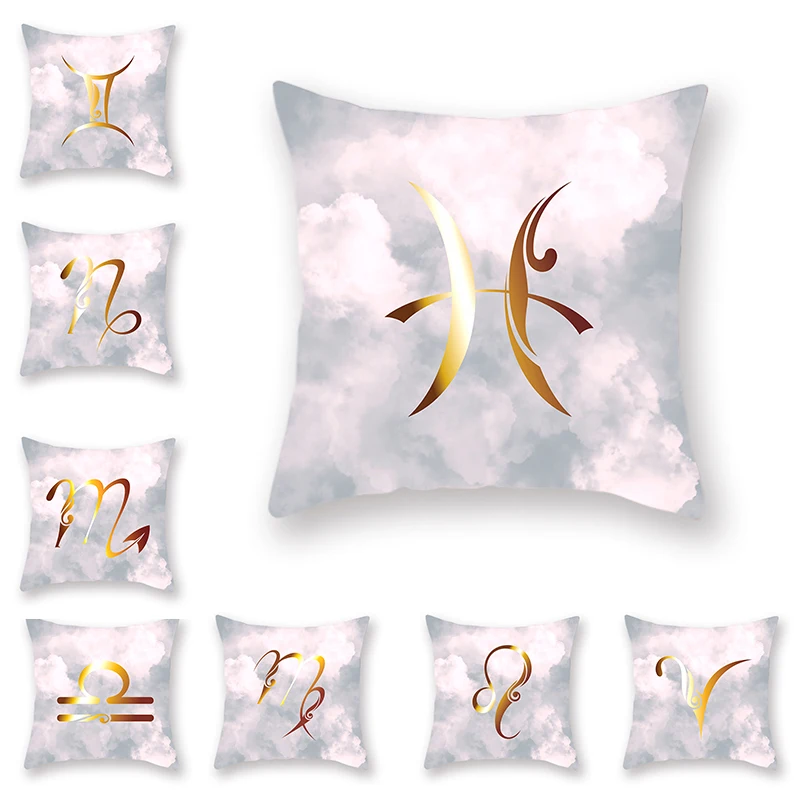 

Golden Design Pillowcase Twelve Constellation Symbol Pattern Still Pisces Taurus Virgin Decorative Square Cushion Cover45x45cm