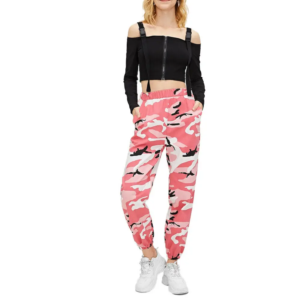 

Women Ladies Camouflage High Waist Pants Summer Casual Loose Camo Army Cargo Trousers Pink Green