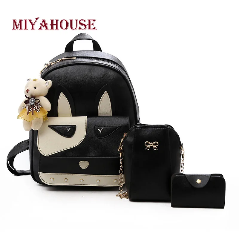 

Miyahouse PU Leather 3PCS/SET Backpack For Women Solid Color Rucksack With Toy Bear Female Preppy Style Fashion Backpack Lady