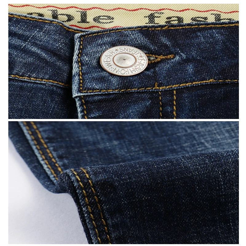 2017 Fashion Men's Jeans Classic Stretch Dark Blue Business Casual Pants Tapered Slim Fit Scratched Long Trousers Gentleman 36