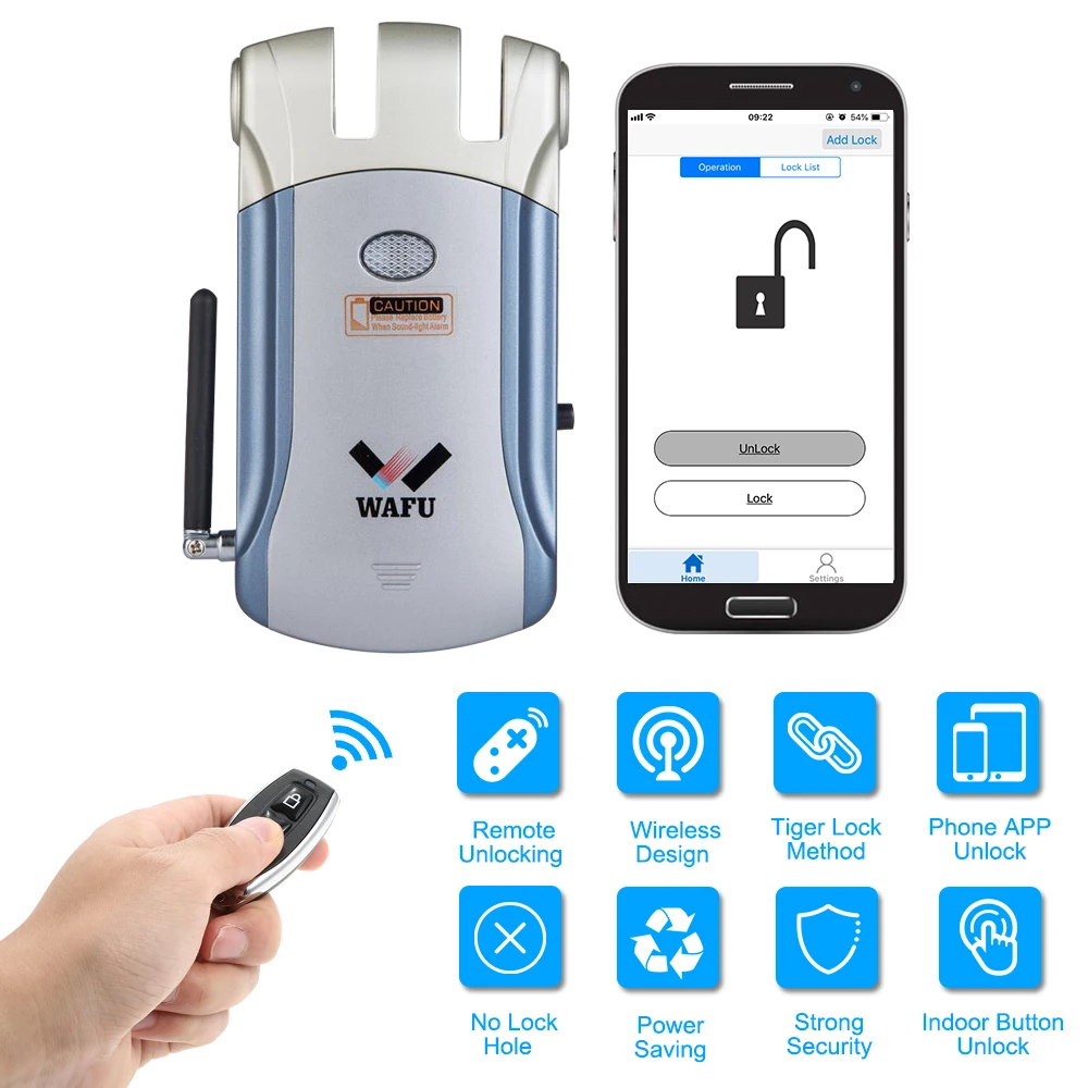 

Wafu Keyless Entry Electronic Remote Door Lock Wireless iOS Android APP Unlocking Invisible Intelligent Lock With 4 Remote Keys