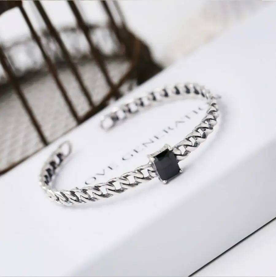 

925 Sterling Silver Retro Stretch Chain Black Onyx Open Bracelet Fashion Bracelet for Women & Girls t0290
