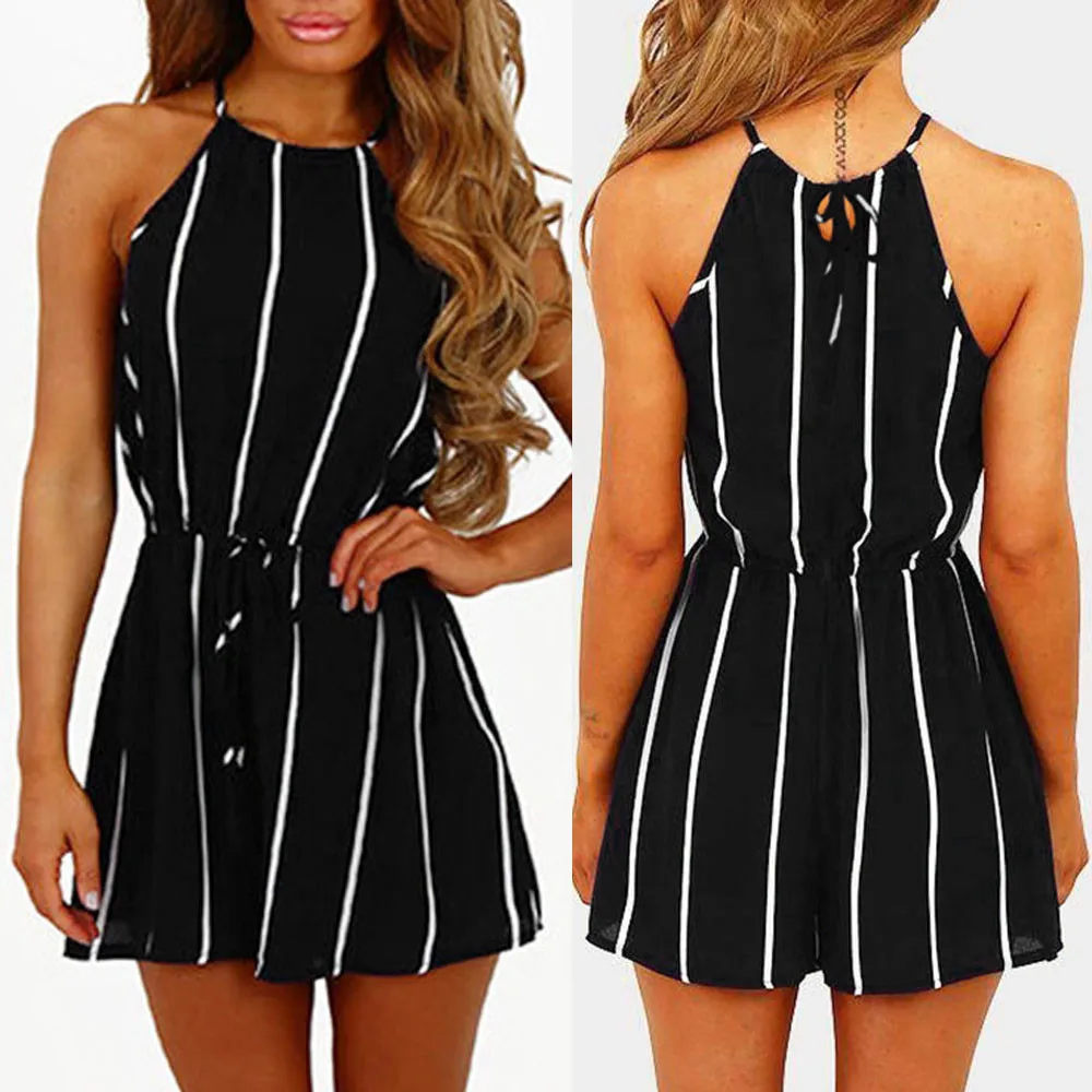 

12Women Stripe Printing Off Shoulder striped jumpsuit Sling Sleeveless Rompers Jumpsuit Playsuit combinaison femme#12