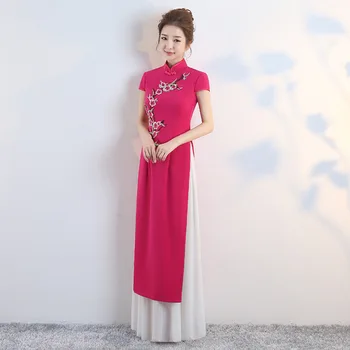 

Hot Pink Embroidery Oriental Style Banquet Dresses Chinese Vintage Qipao Cheongsam Elegant Long Evening Gowns Plus Size S - 3XL