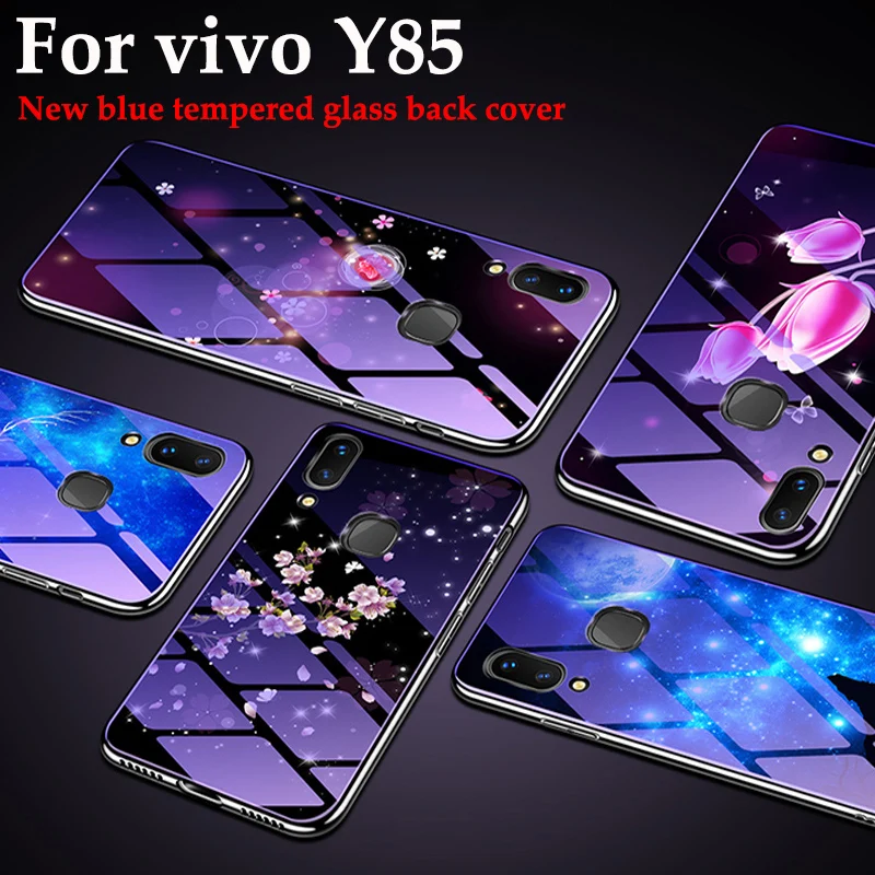 Чехол для Vivo Y85 Y 85 чехлы телефонов окрашенное синее закаленное стекло + Мягкая