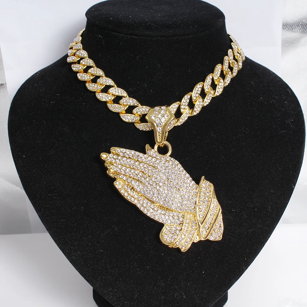 

New Arrival Big Prayer Hands Pendant With 15mm 18" Full Iced Out Miami Cuban Choker Chain Necklace Men Hip Hop Jewelry Gift