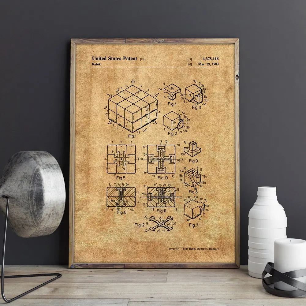 Патент кубика Рубика, игровое настенное искусство, плакаты, декор комнаты, винтажная печать, схема, идея подарка, игры настенные украшения