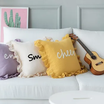

Solid color ruffle fringes embroidered pillowcase cotton fabric cushion cover sofa throw pillow cover bed household decor
