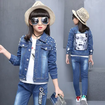 

Girl Denim Suit Spring and Autumn Hot Children Suit Girls Cotton Print Cartoon Beauty Suit Worn Washed Two Piece Denim Suit