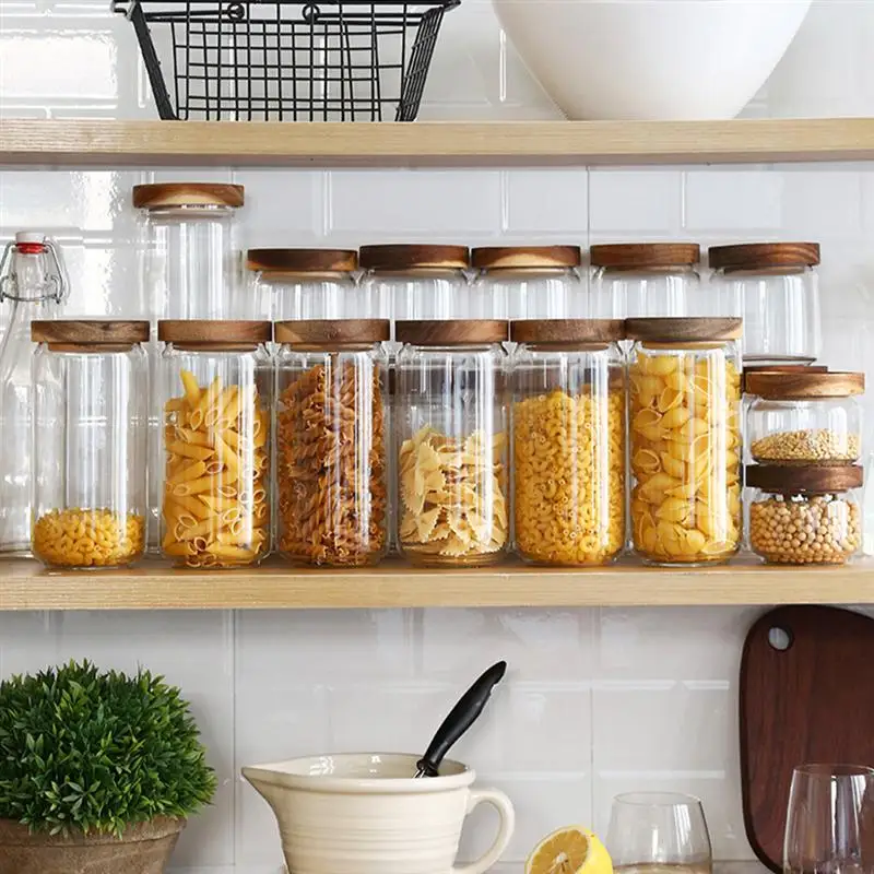 

Glass Sealed Cans Kitchen Storage Box Transparent Food Canister Keep Fresh New Clear Container Jar with Wooden Lid