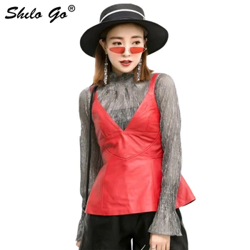 

Leather Camis Women Summer Sexy Deep V Neck Sheepskin Genuine Leather Strap Tops Red Sleeveless A Line Female Crop Top