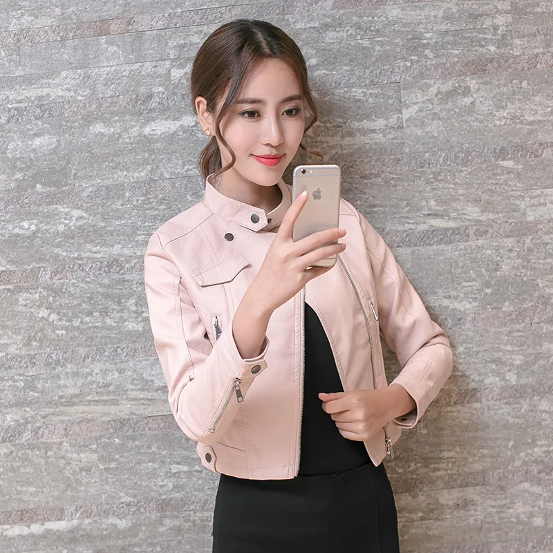 

2018Jaqueta De Couro Spring Feminina Women Jacket Autumn Motorcycle PU Leather Jacket Coat Short Diagonal Zipper Outerwear Coats