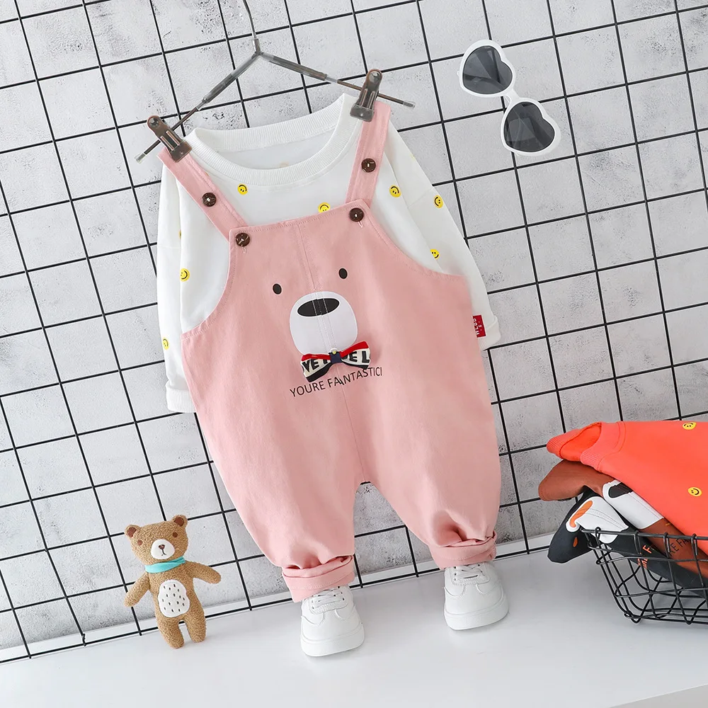 Г. Осенние комплекты одежды для маленьких мальчиков и девочек комплекты одежды для малышей футболка для младенцев штаны на лямках с героями мультфильмов Детский Повседневный костюм из 2 предметов - Цвет: QB xiongF Pink