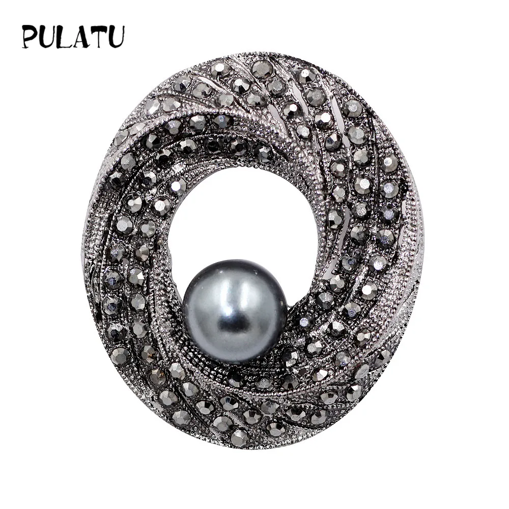 PULATU Black Rhinestone Oval Brooch Pins for Women Jewelry Shell Pearl
