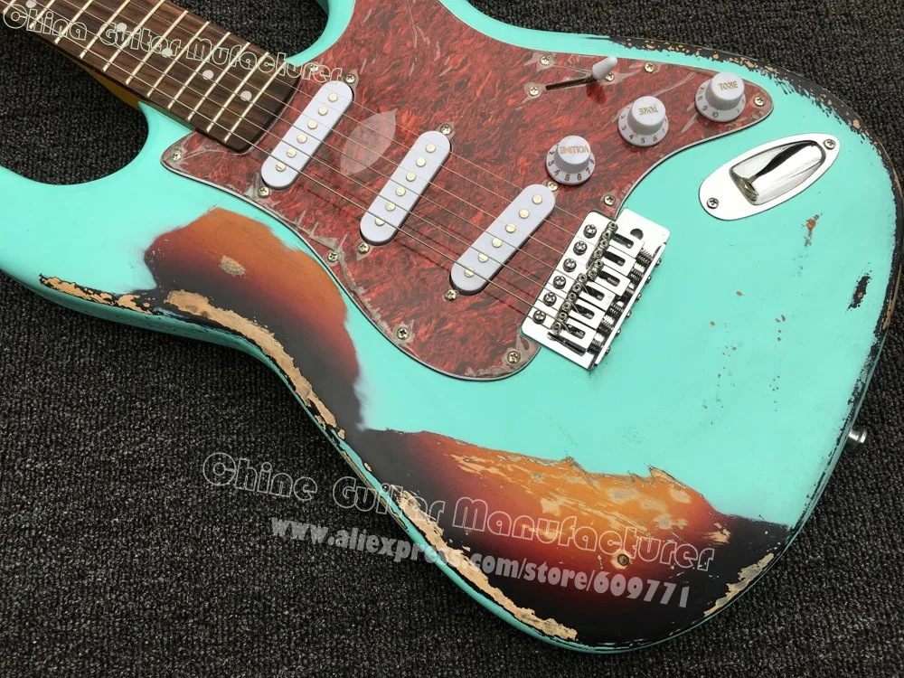 

High quality Strat Relic Daphne Blue/sunburst 60th Anniversary electric guitar,Heavy aged relic ST guitar,free shipping