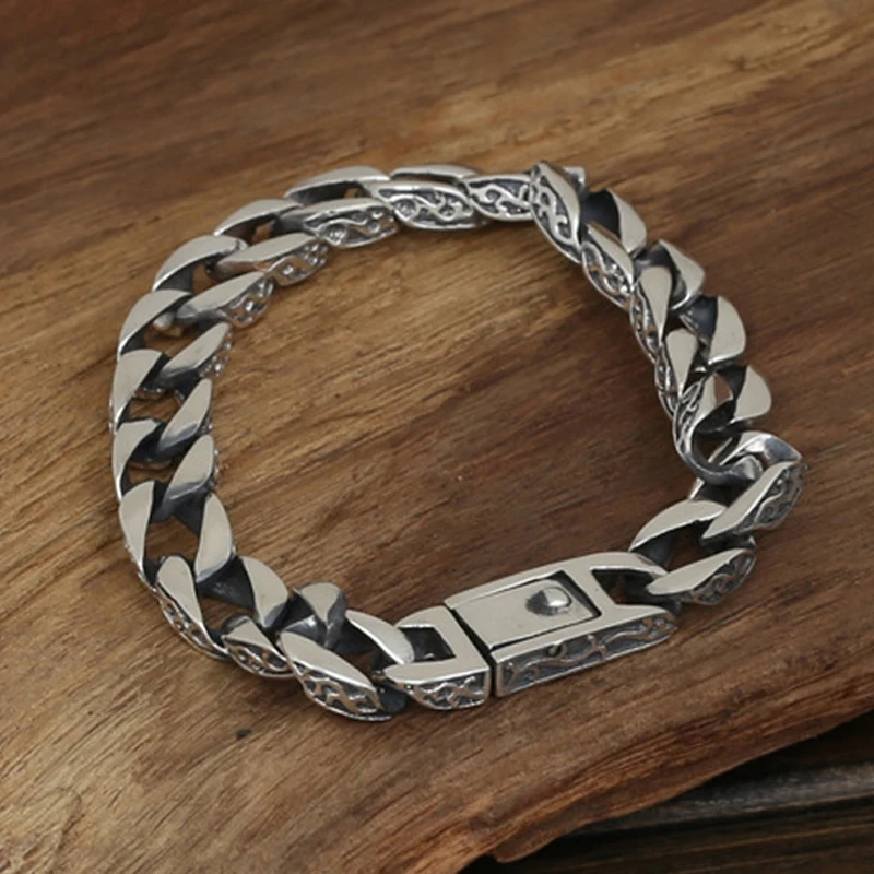 

Solid 925 Sterling Silver Bracelet Link Stripe Chain Loop Men's Jewelry A3226