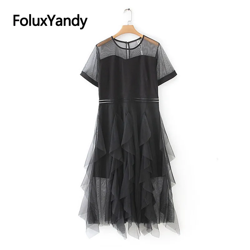 

Ruffles Mesh Dress Black Vestidos Mid-Calf Irregular Transparent Casual Short Sleeve Summer Dress KKFY3690