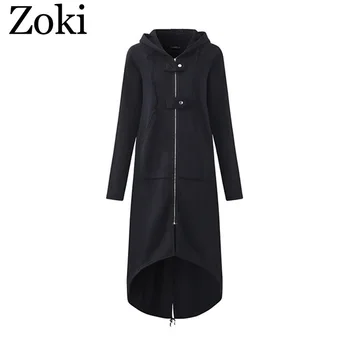 

Zoki Plus Size Women Hoodies Jacket Autumn Warm Long Sleeve Zipper Female Long Coats Casual Lady Sweatshirt Black Outwear 2020