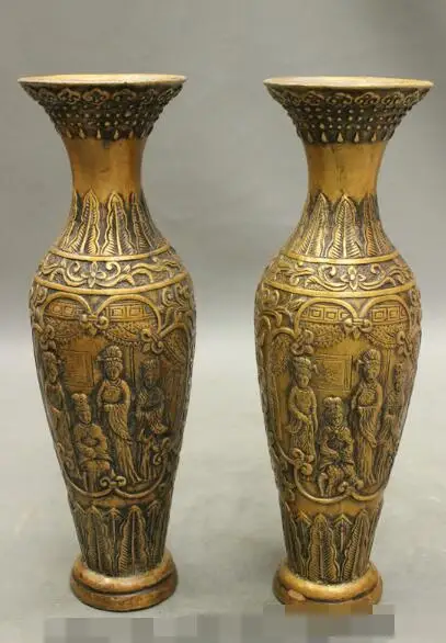 

S5190 9" Folk Chinese Bronze Auspicious 4 Great Beauties Belle Statue Vases Pot Pair