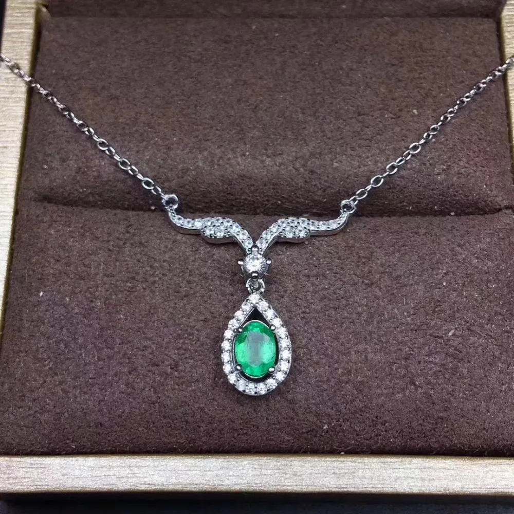 Collier pendentif émeraude verte naturelle en argent S925 pierres précieuses naturelles élégant col