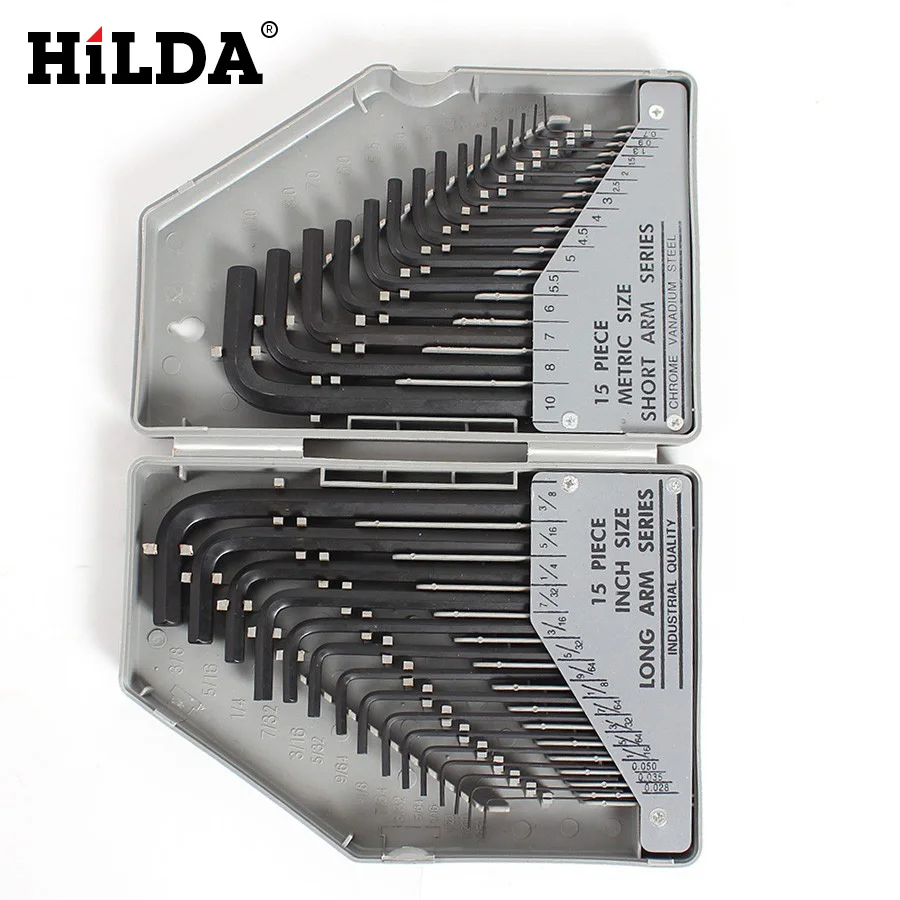 HILDA 30Pcs Set Allen Wrench & Hex Key METRIC SAE Standard Short Long Arm CrV Steel L Type Wrech Hand Tool Kits With Box | Инструменты