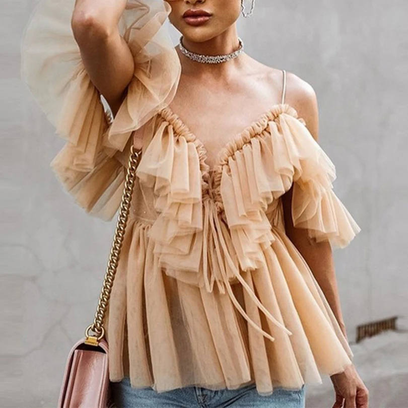 

Sexy V Neck Ruffle Mesh Womens Strap Short Sleeve Lace Up Backless Vintage Female Tops Summer Boho Fashion Elegant Blusas 2019