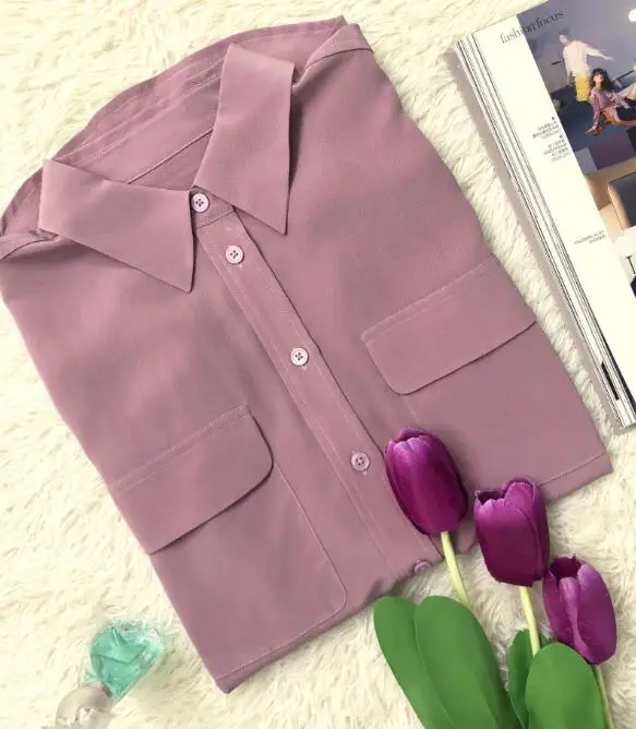 Тонкая шелковая рубашка, женская блузка, стиль, весна-осень, длинный рукав, классический дизайн, 2 кармана, женские рубашки - Цвет: xiang yu se