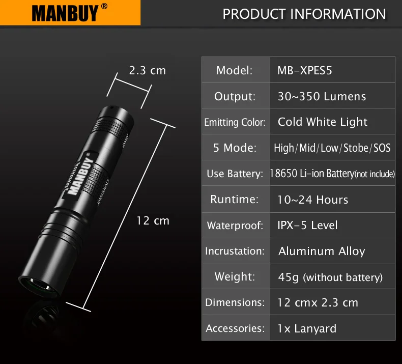 MANBUY W109 фонарик без 18650 батареи завод Q5 светодиодный вращающийся неполярный зум концентрирующий большой диапазон алюминиевый сплав лампа