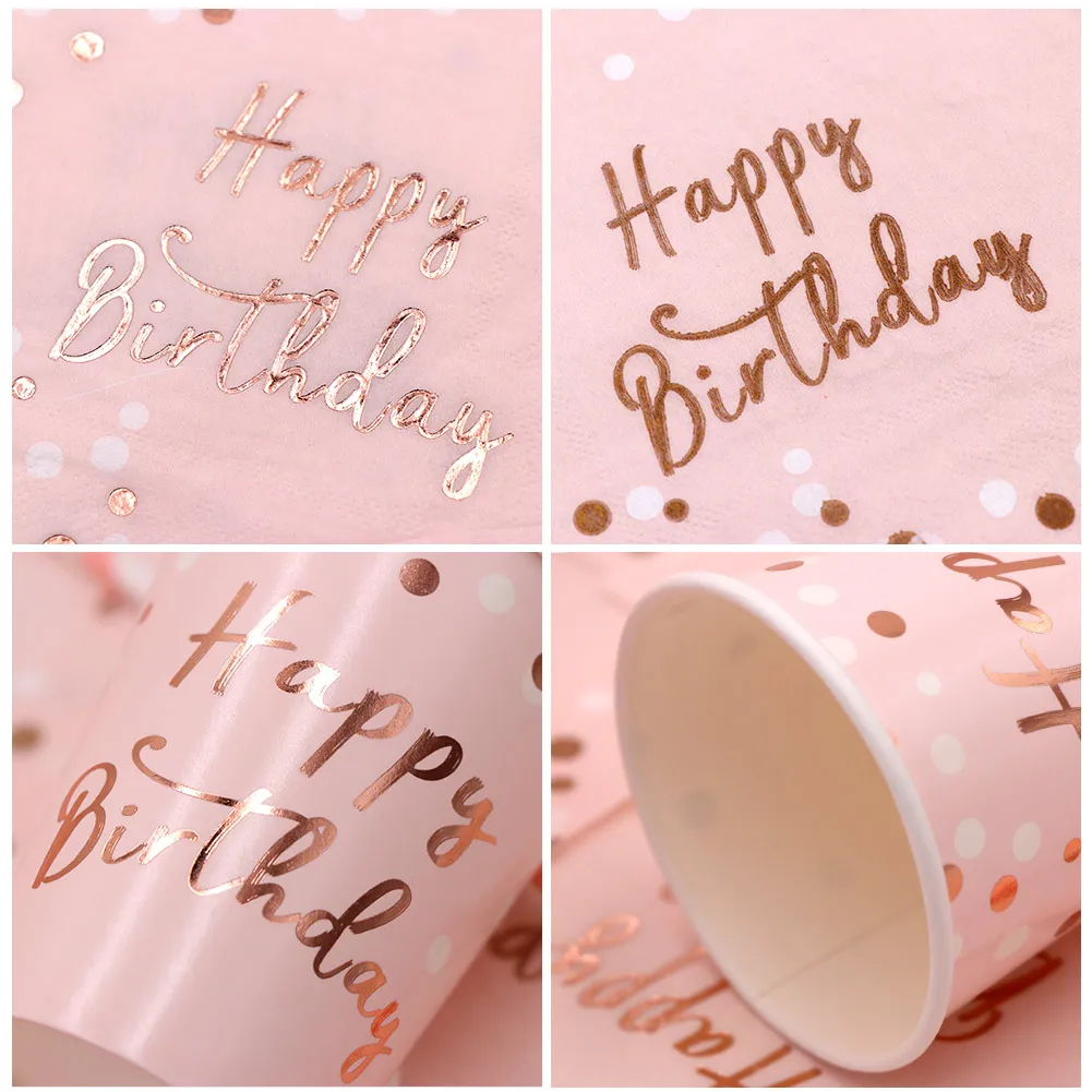 OurWarm Happy Birthday Disposable Party Tableware Pink Paper Cups Plates Napkin s Kids Birthday Party Supplies