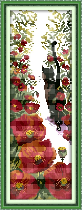 Follow me cross stitch kit bothy thread cat poppy flower 14ct printed 11ct canvas stitches embroidery DIY handmade needlework cross stitch kit