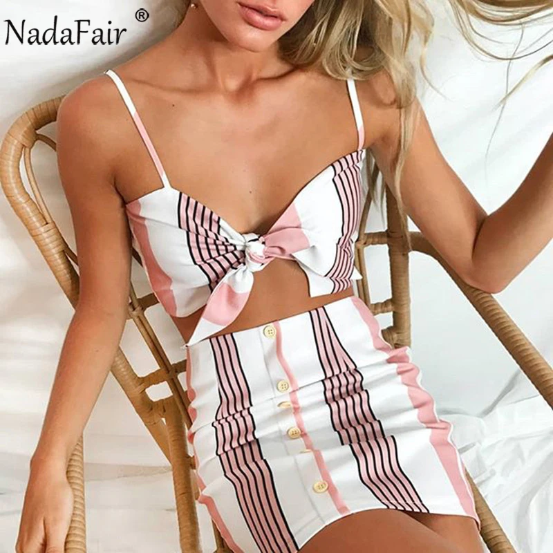 

Nadafair Wome Two Pieces Set V Neck Strap Summer Dress Casual Beach Mini Striped Dress Backless Wrap Sexy Bodycon Dress Women