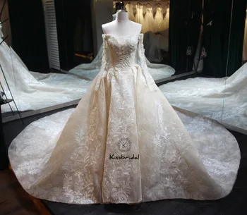 شراءفساتين زفاف فاخرة جديدة 2020 قارب الرقبة طويلة الأكمام زين الخرز الزفاف زي العرائس Vestido De Noiva