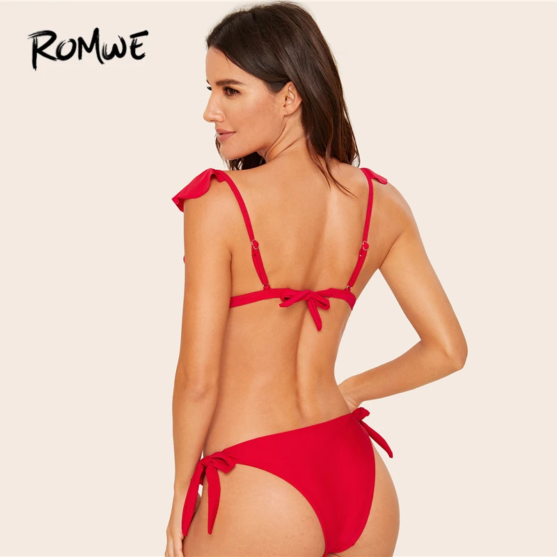 Romwe para deporte rojo sólido de triángulo escotado Top con cuello empate lado Bikini conjunto, Fondo de mujeres Sexy vacaciones en la playa traje de baño