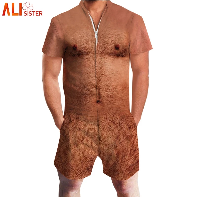 

Alisister Chest Hair Muscle Print 3d Men's Rompers Short Sleeve Funny Jumpsuit Playsuit Harem Cargo Overalls Summer One Piece