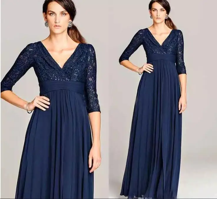 

v-neck Long Evening Gowns With Three Quarter Sleeve Formal Women Prom Gowns 2018 Dark Navy Mother of the Bride Lace Dresses