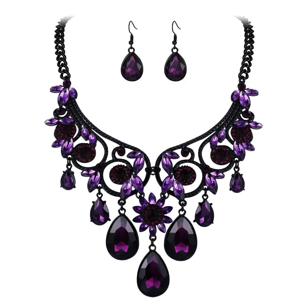 Tuliper Сержи Ретро цветок ожерелье серьги набор кристалл мода набор украшений для женщин вечерние колье ожерелье мангальсутра - Окраска металла: Purple