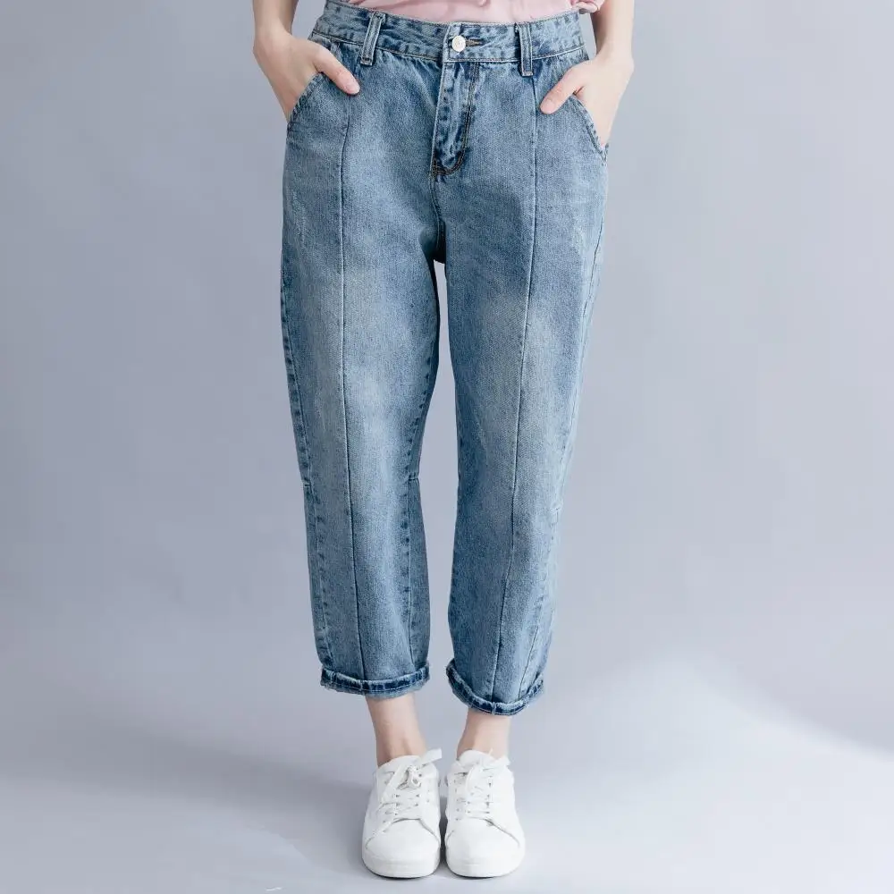 Новинка, летние джинсовые длинные штаны, свободные повседневные корейские штаны с карманами на молнии, однотонные женские джинсы