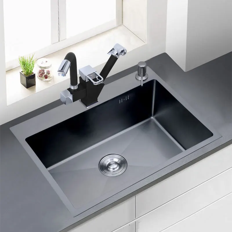 

2 Sizes 3mm Thickness Black Nano-coating Stainless Steel Kitchen Sink Single Bowl Vegetable Washing Groove and Accessories