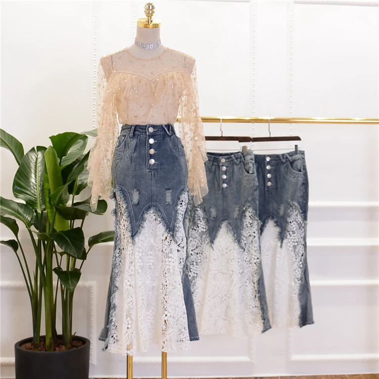 2017 New Designer Denim Skirt Women's Party Long Lace Ripped Holes ...