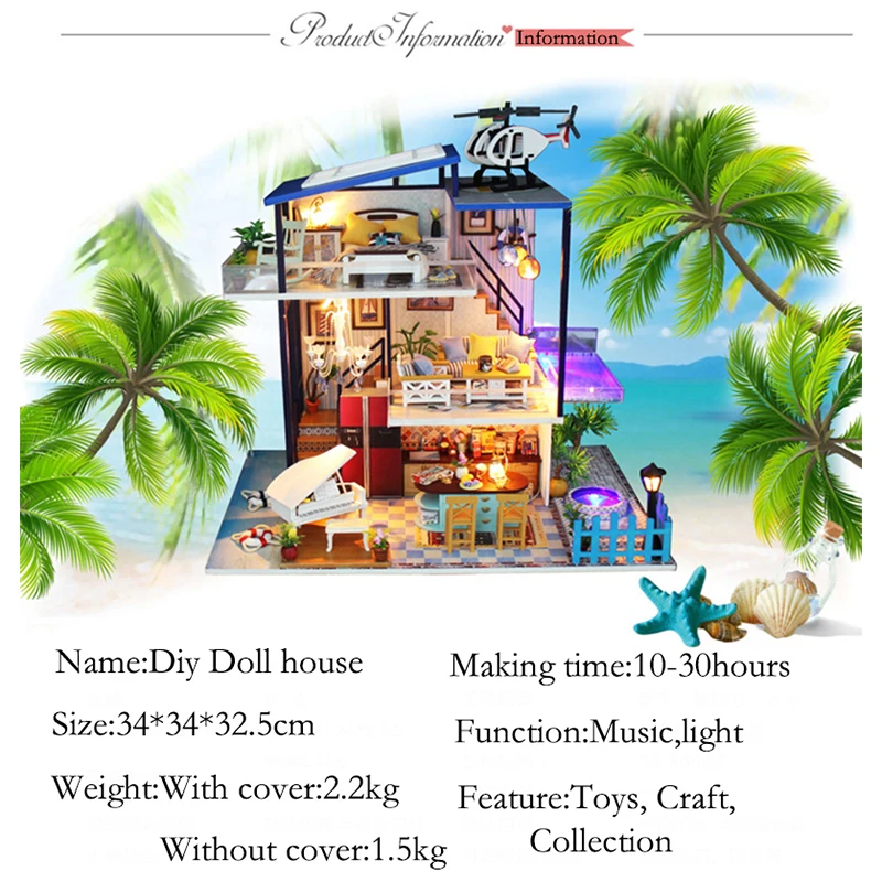 

DIY Doll House Sand Table Blue Ocean Model Building Wooden House Toy Christmas Gift Assembly Light Wooden Dollhouse Crafts 13847