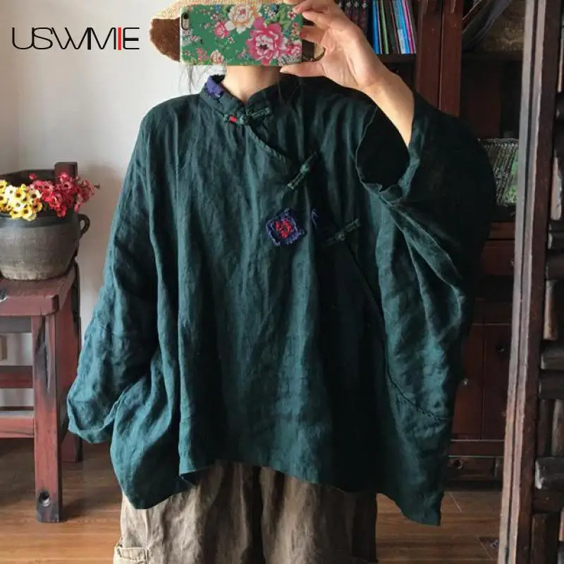 

2018 Women Shirts Vintage Style Joker Embroidered Solid Color Oblique Button Blouse Plus Size Irregular Hem Comfort Tops USWMIE