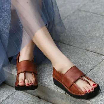 

Women Leather Sandals Flip Flops Flat Heels Summer Shoes Retro Sandals Women Handmade Genuine Leather Brand Sandals Low Heels