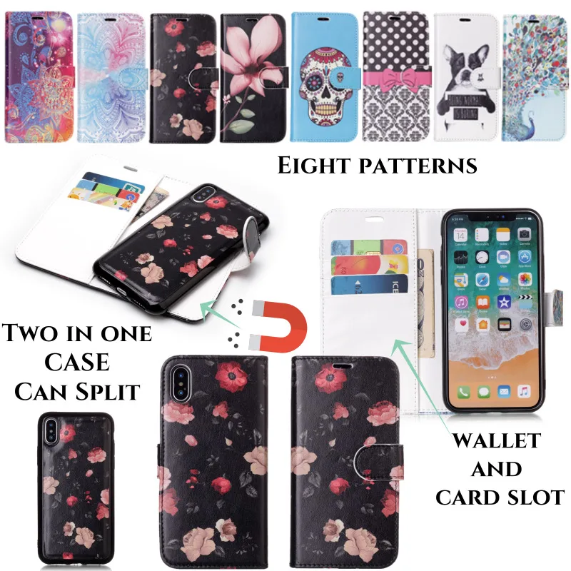 

Painted Flowers pets Cases Wallet Leather phone shell for iphone X 6 6S 7 8 plus Two in one Detachable Multi-use fashion cover