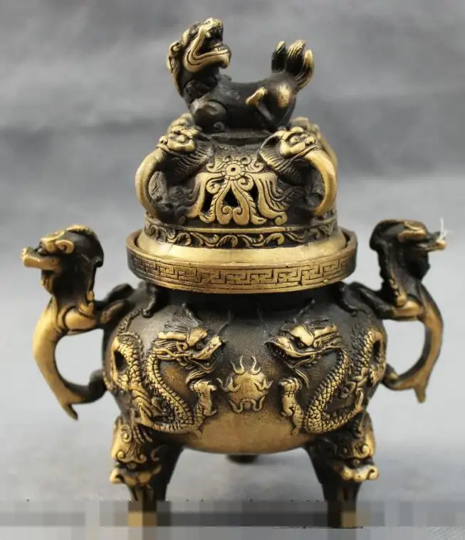 

S6775 Tibet Bronze FengShui Lion Head Statue Buddhist Dragon Incense Burner Censer D0318