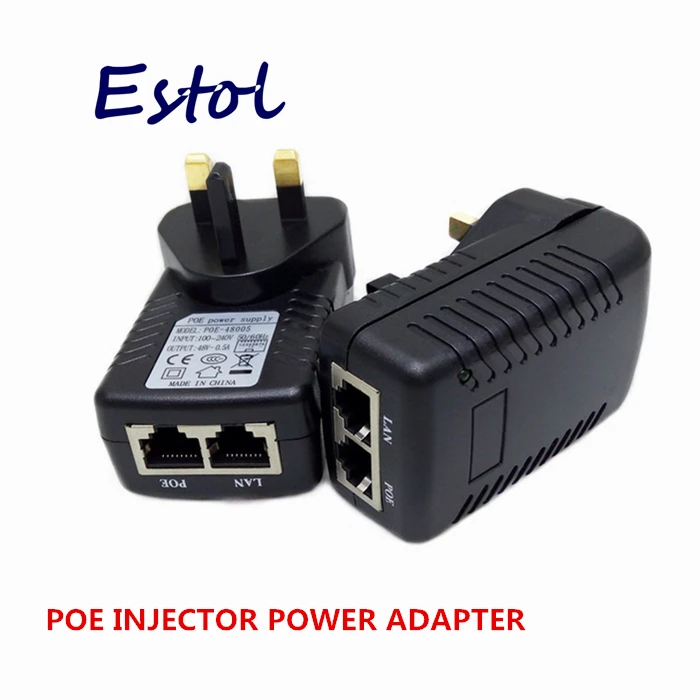 DC48V 0.5A 10/100 Мбит/с PoE Инжектор питания через Ethernet адаптер, pin 4/5(+), 7/8(-), UK штекер, 3 квадратных штыря