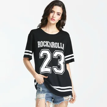 

Tops For Women Tee Shirts Black Short Sleeve Crew Neck 23 Letters Printed Striped Loose Basic T-Shirt