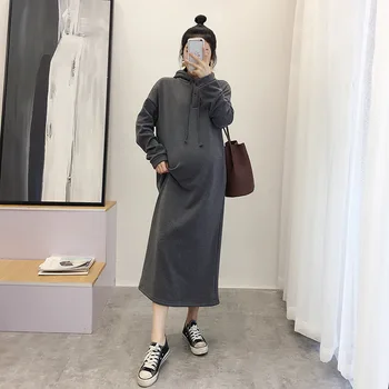 

Maternity Women Autumn Hooded Long Sleeve X-Long Hoodie Dress New Moms Fashion Pullover Loose Fit Fleece Blouses Hoodies Dresses