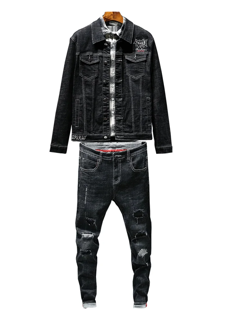 

New 2019 Black Letter Embroidery 2 Pcs Men Sets Fashion Mens Denim Jackets+Jeans Pants Tracksuits Casual Pockets Mens Clothes