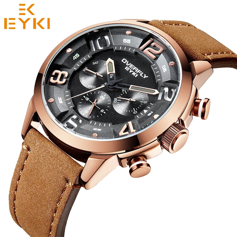 

EYKI Watch Men White Genuine Leather Watchband Man Brown Strap Sport Watch Brand Luxury Quartz Wristwatch Montre Homme Reloj