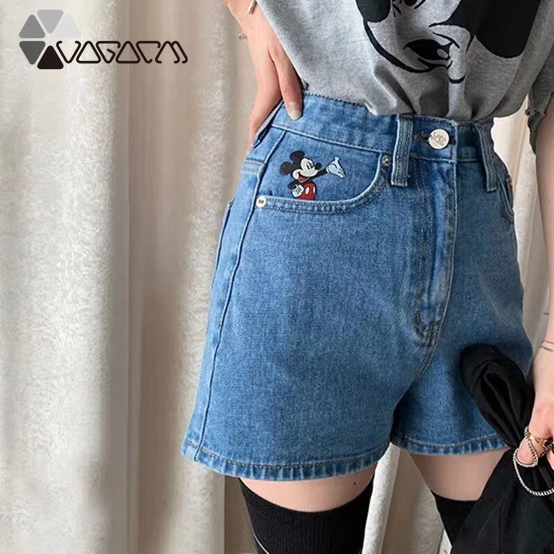 

2019 Women Summer Mickey Mouse Jean Shorts High Waist Cute Cartoon Embroidery Female Casual Loose Street Wear Club Shorts